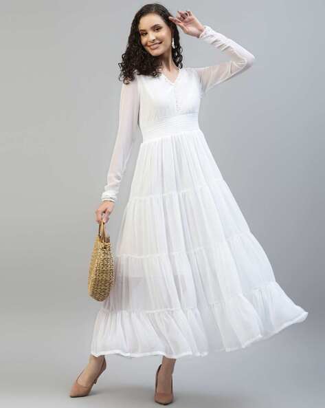 Long White Side Slit Dress - Contemporay Wear- Buy at That's Indian