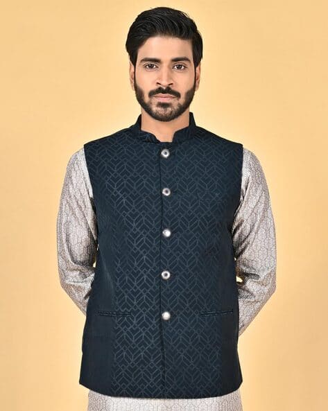 Men Geometric Print Regular Fit Waistcoat with Welt Pockets