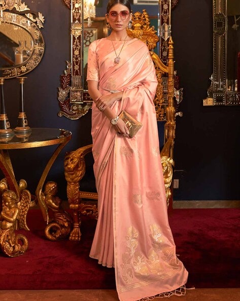 Dusty Peach Color Banarasi Silk Saree with Woven Pallu and Embroidered –  fashionnaari