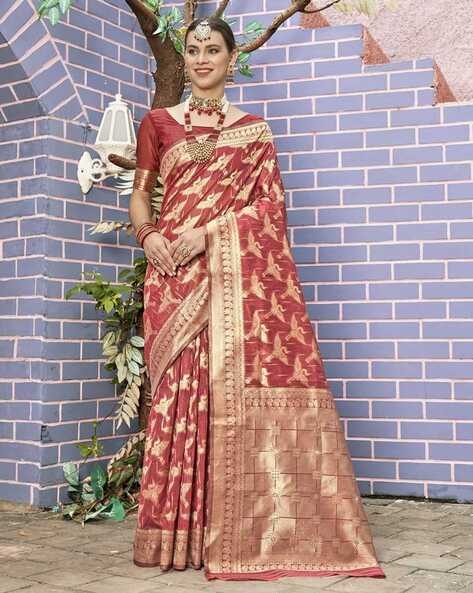 Red Hand Woven Linen Saree With Blouse - Kihums handloom - 2911851