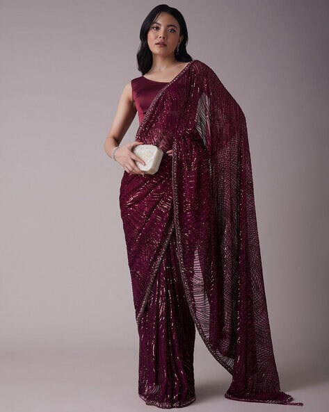 Buy Red saree in silk with leaf motif printed patch work Online - Kalki  Fashion