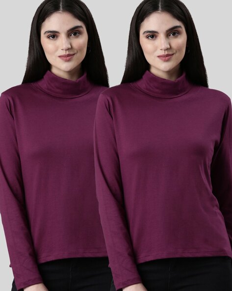 Fitkin Women Plum & Black Colourblocked High Neck T-shirt