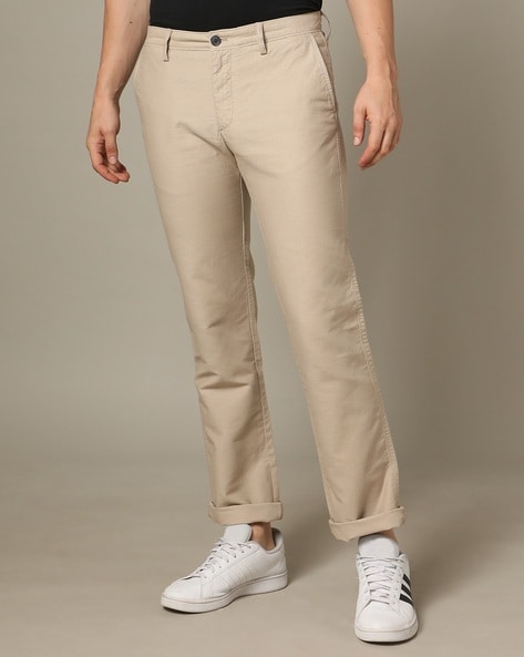 Buy Men Khaki Smart Fit Solid Flat Front Casual Trousers Online - 766023 |  Louis Philippe