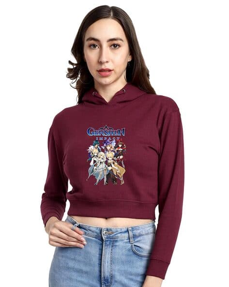 Women Printed Crop Hoodie with Drawstring