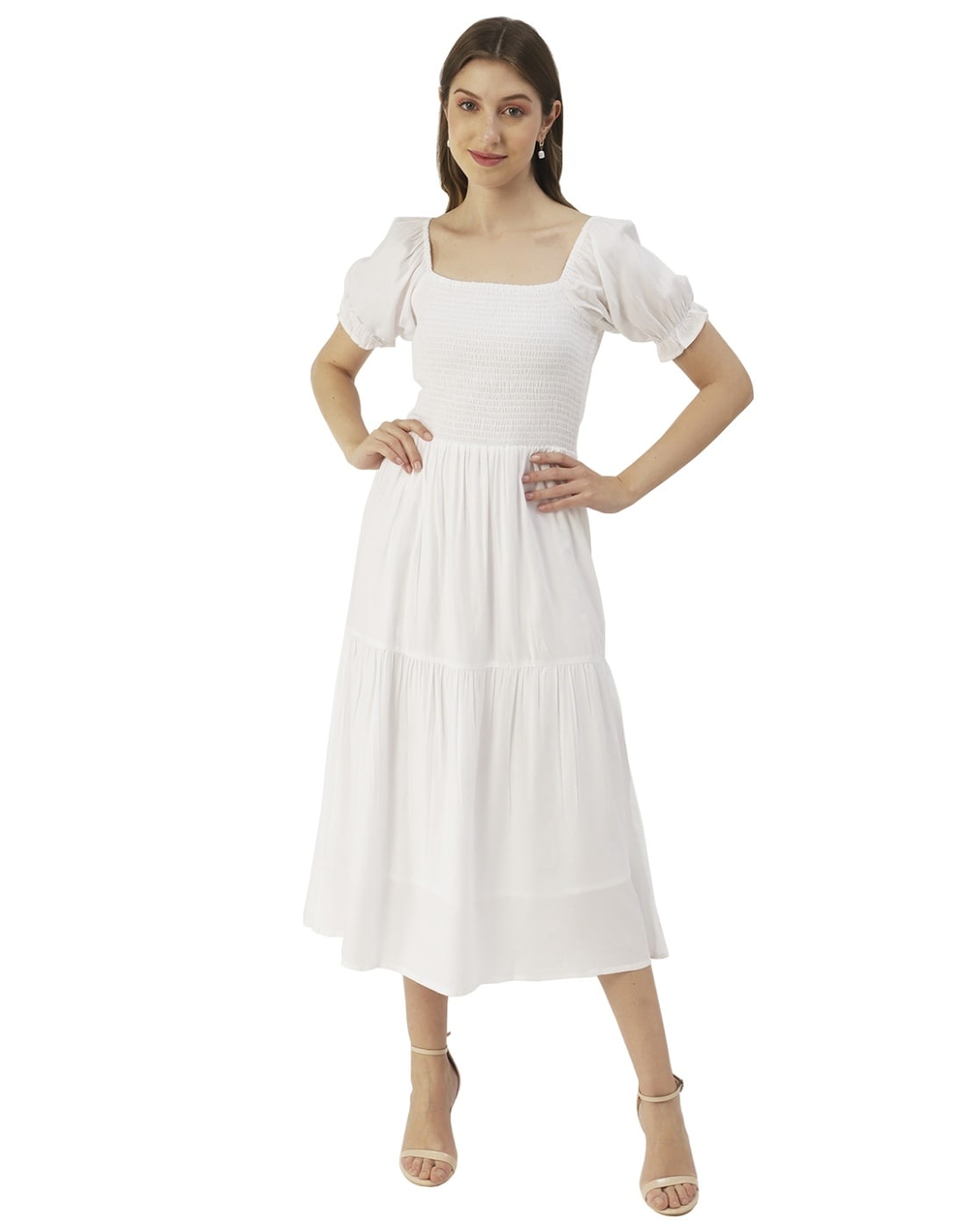 Buy White Slip Shantoon Plain Round Neck Puff Sleeve Fit And Flare Dress  For Women by Mangalmay by Aastha Online at Aza Fashions.
