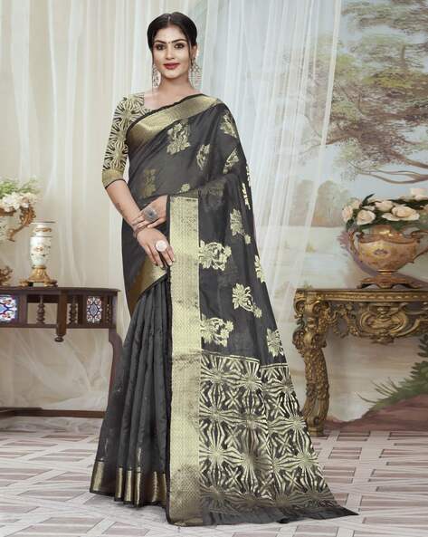 Black Kanchipuram silk saree with Pure silver zari buttas