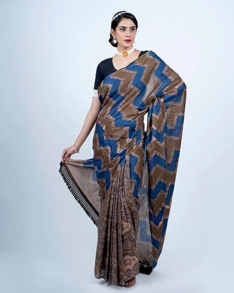 Find Bandhni with ajrak Print saree by Khushi collection near me | Kail,  Budaun, Uttar Pradesh | Anar B2B Business App