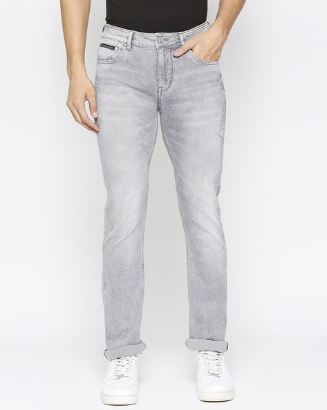Men Heavily Washed Distressed Slim Fit Jeans