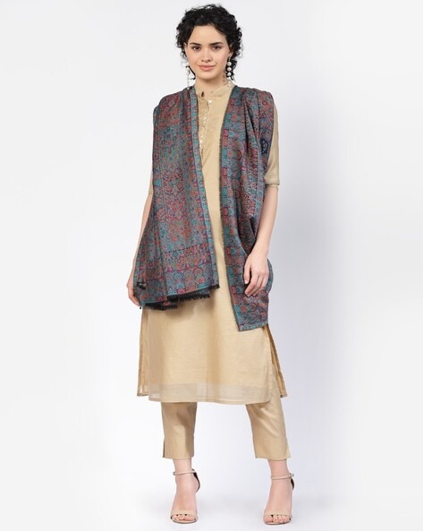 Women Floral Woven Shawl with Frayed Hem Price in India