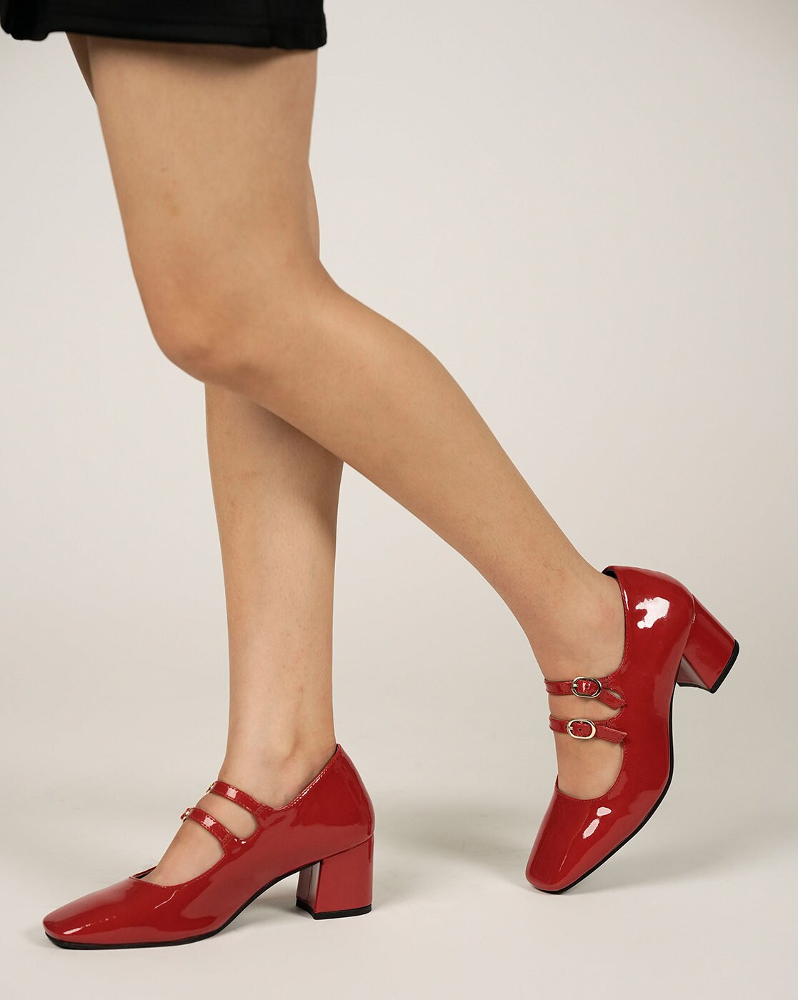 Women's Red Ankle Strap Open Toe Block Heels