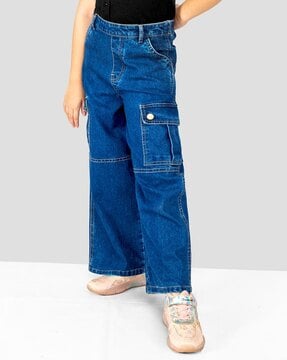 Women Blue Contrast Stitch Cargo Jeans
