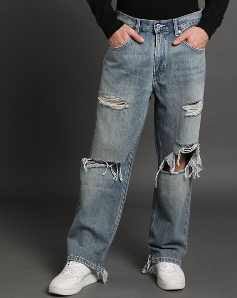 Men Heavily Washed Distressed Relaxed Fit Jeans