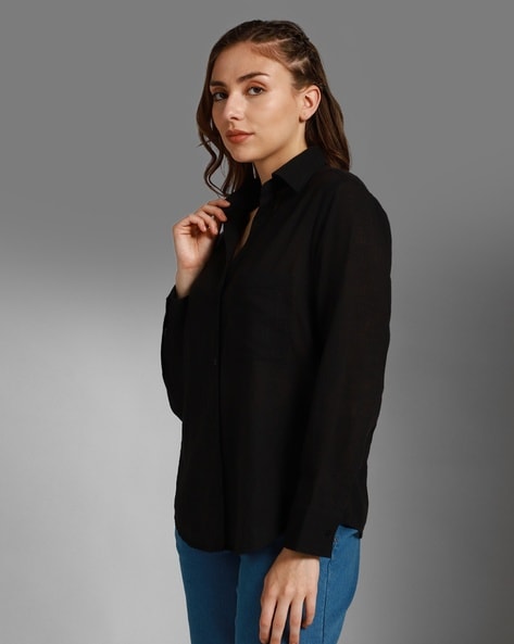 Women Oversized Fit Shirt with Patch Pocket