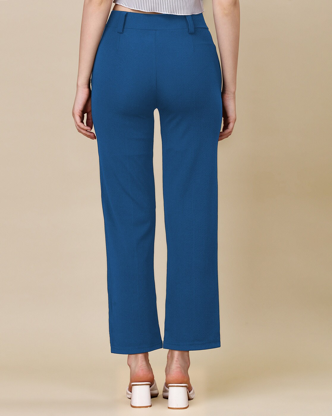 Buy Women Navy Solid Casual Slim Fit Trousers Online - 809017 | Van Heusen