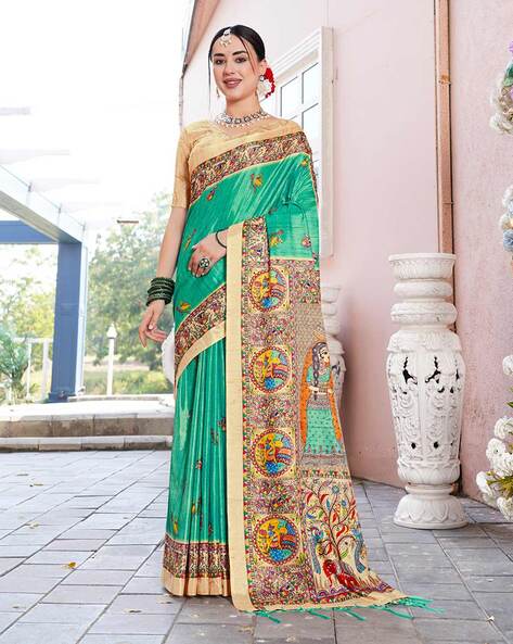 Peacock Green color Mulberry silk Swarnachori Saree - BP69