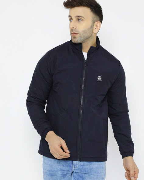 Buy Men Navy Blue Solid Cotton Blend Jacket Online in India - Monte Carlo