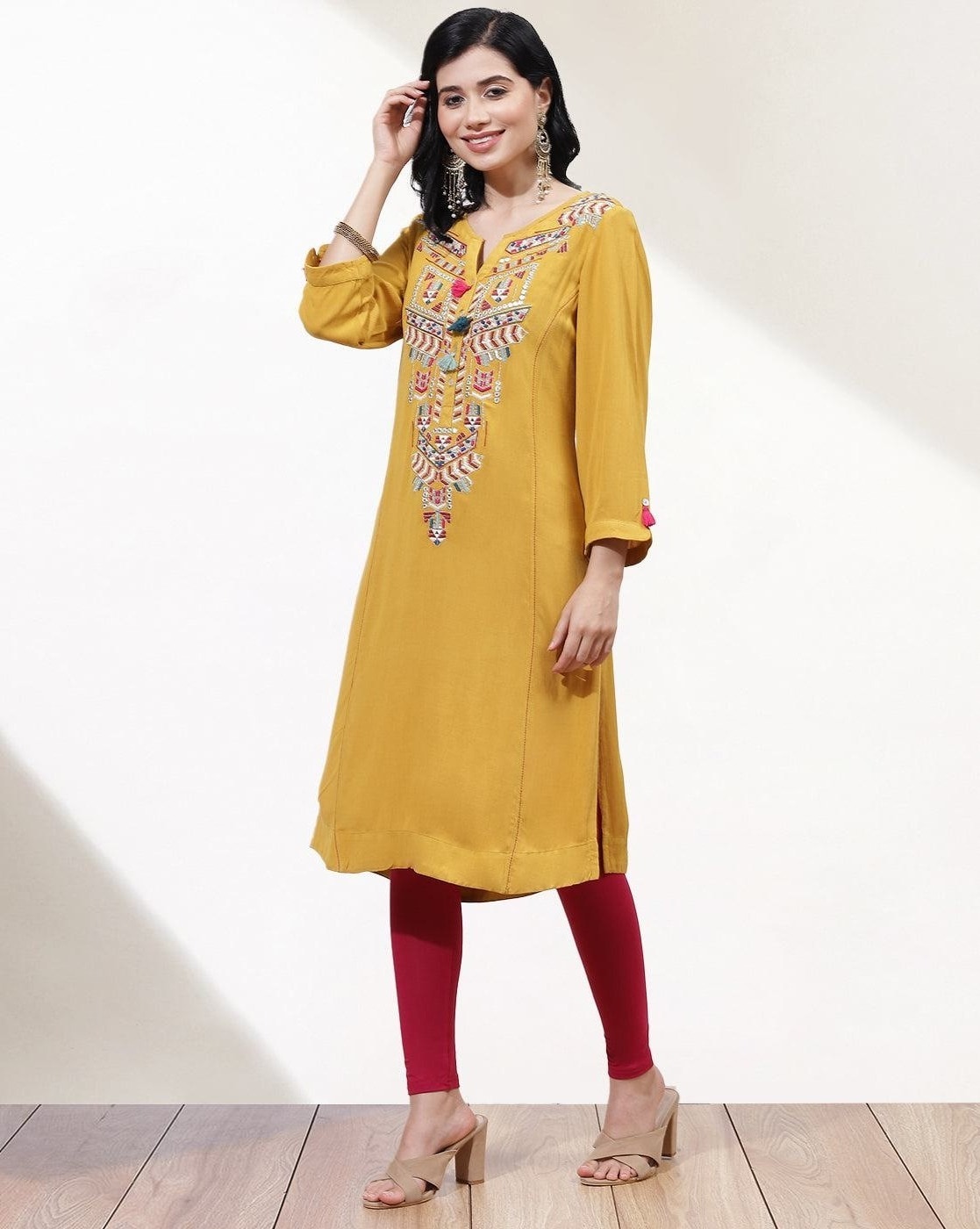 Buy Mustard Art Silk Kalidar Kurta Dress (1N) for INR2099.30 | Rangriti