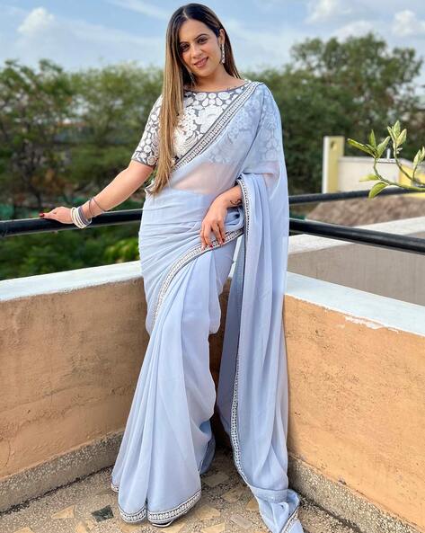 Buy Saree Mall Grey Plain Saree With Unstitched Blouse for Women