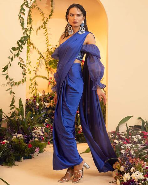 Bright Blue Color Satin Silk Base Ready To Wear Saree – Fabvilla