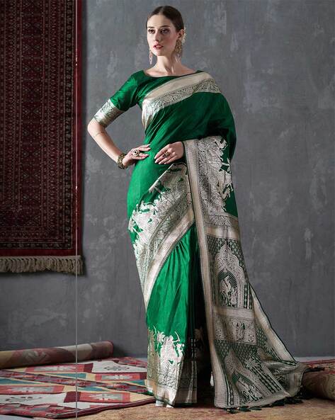 Buy Emerald Green Saree With Sequins Rose Embroidery by NAKUL SEN at Ogaan  Online Shopping Site