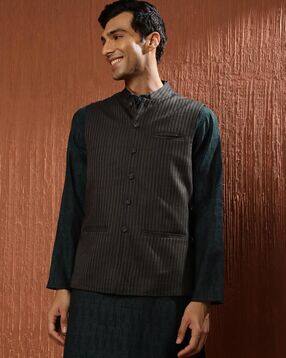 fabindia Striped Nehru Jacket with Welt Pockets-picture-22