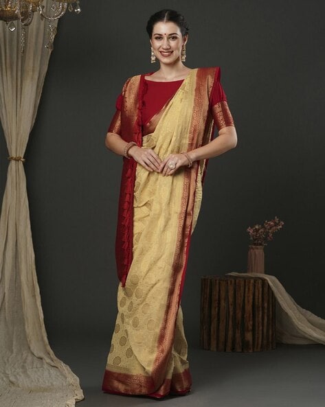 Staring Cream & Maroon Pure Soft Silk Saree With Tempting Unstitched Blouse  Piece (Jupiter)