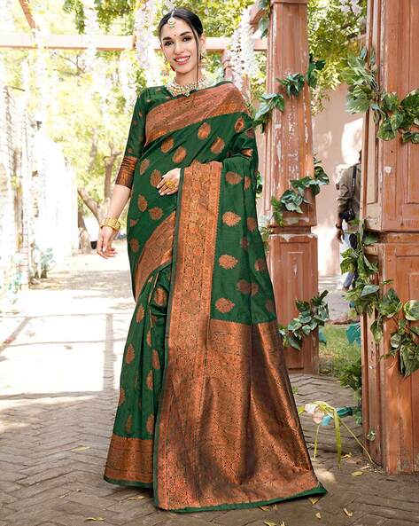 Wine-Green Banarasi Art Silk Saree With Rich Woven Golden Peacock Vine  Motif | Exotic India Art