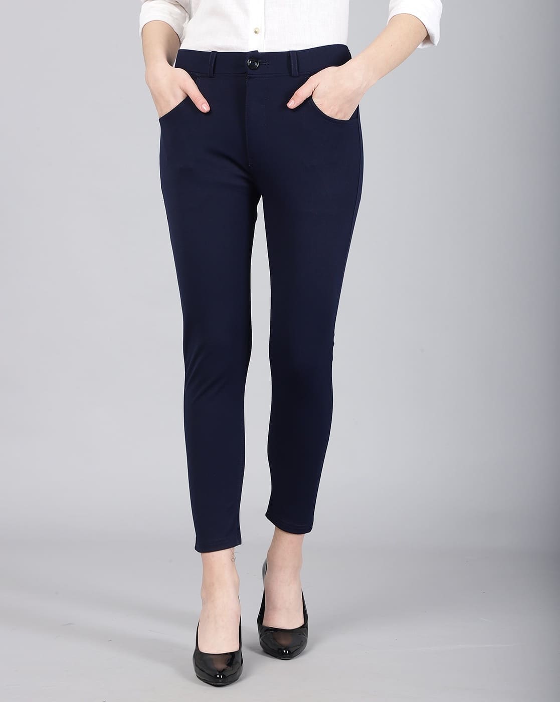 Skinny Pants Blue Navy Pants Womens Women Flat-Front Slim Fit Trousers