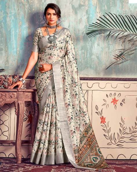 Buy Off White Raika Crystal Floral Print Saree With Stitched Blouse Online  - RI.Ritu Kumar International Store View