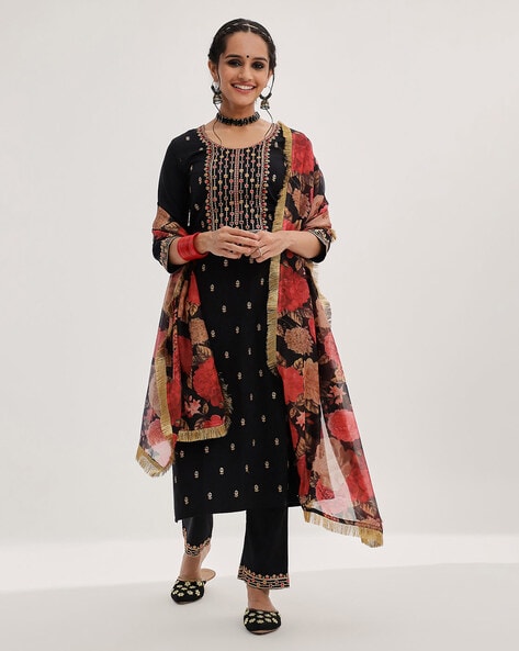 Women Embroidered Straight Kurta & Pants with Dupatta Price in India