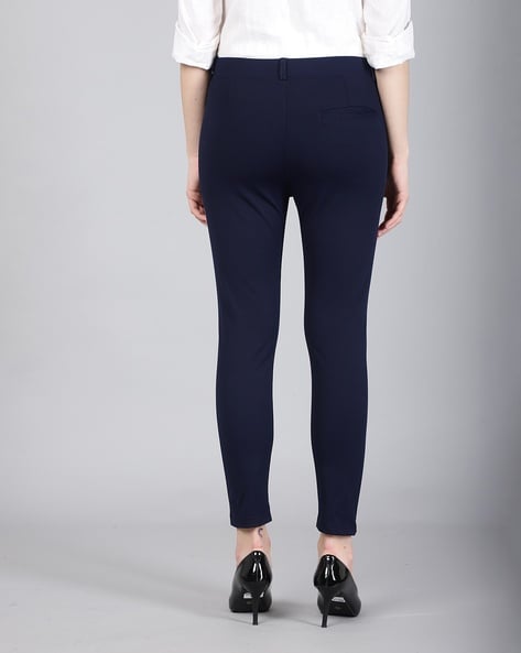 Women High-Rise Tapered Fit Flat-Front Navy Blue Trousers