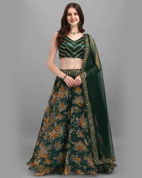 Embroidered Chinnon Chiffon Layered Lehenga in Olive Green : LYC2315