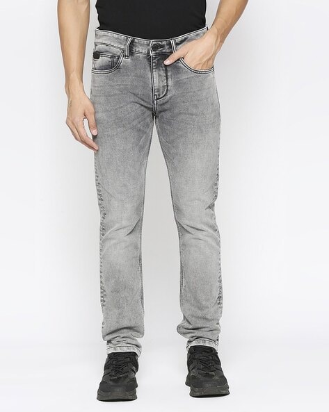 Men Heavily Washed Slim Fit Jeans