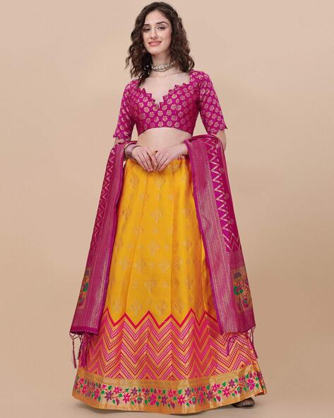 Pink and Yellow Zari and Sequence , Thread Embroidery Work lehenga cho