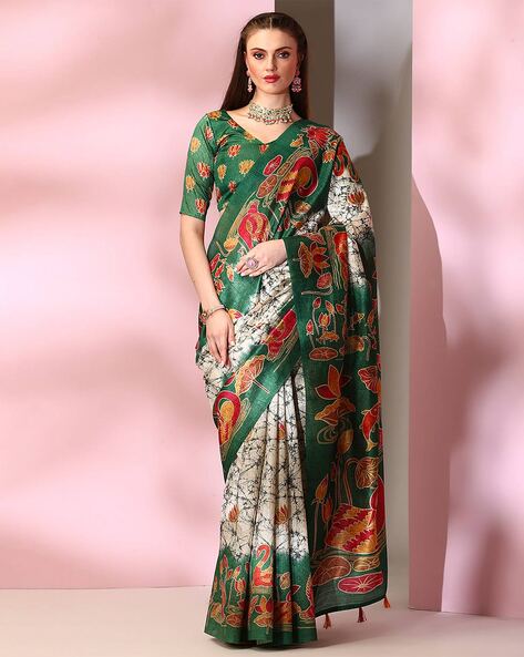 Pure Tussar Ghicha Silk with Zari in Black with Pen Kalamkari print -  Vastrams