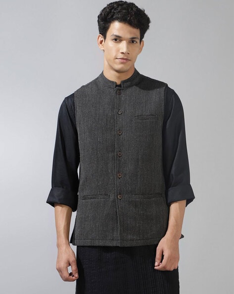 Fabindia Woven Nehru Jacket with Welt Pockets deal from ajio