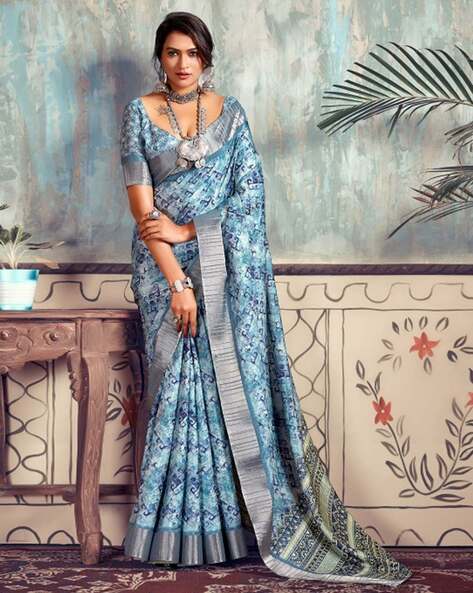 Blue Abstract Print Saree In Chiffon 5688SR08