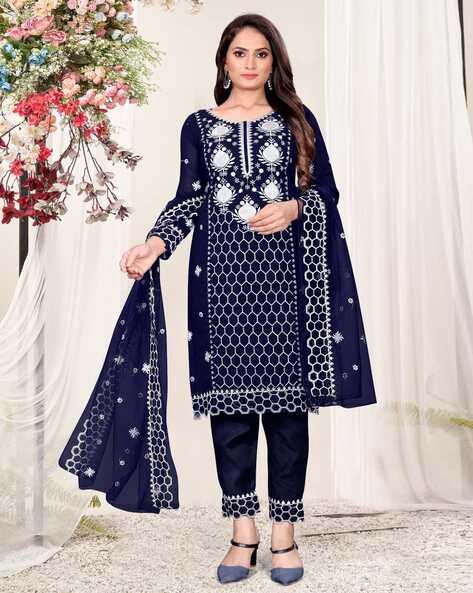 Women Embroidered Semi-Stitched Straight Dress Material Price in India