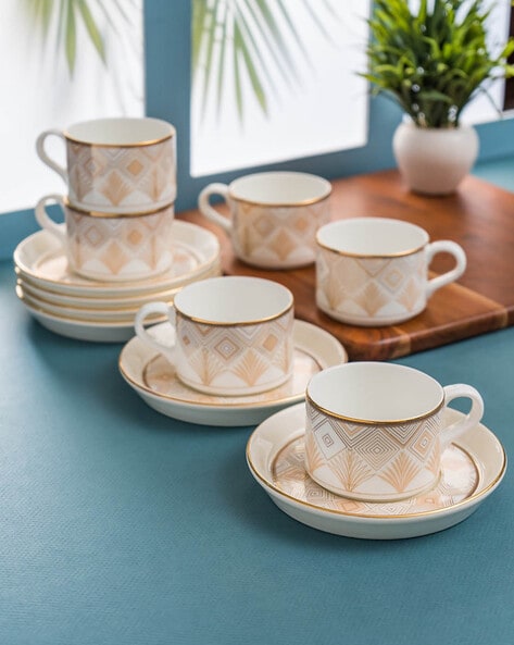 Clay Craft Colour White Line Fine Ceramic Cup Saucer Set of 12 ( 6 Cups + 6  Saucers) - 180 ml each