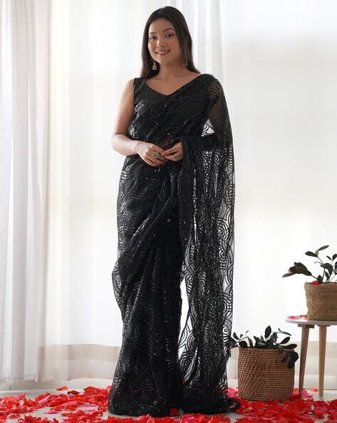 Buy Online French Chantilly Lace Sarees - Dark Navy Blue Paisley Design