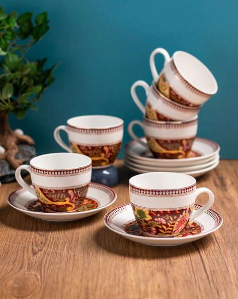 Clay Craft Fine Ceramic Tea/Coffee Cup Saucer Set of 12 ( 6  Cups + 6 Saucers) - 180 ml each: Tea Sets