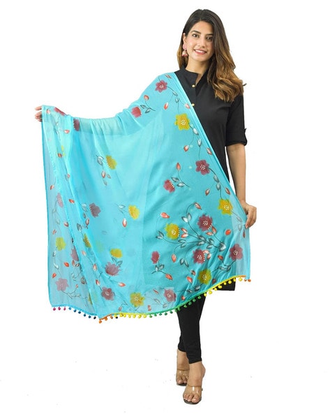 Women Hand Painted Dupatta with Pom Pom Border Price in India