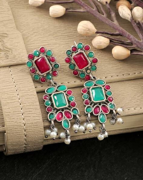 Red & Green Colour Kempu Stones Flowers & Balls Design Earrings For  Bharatanatyam Dance And Temple Buy Online