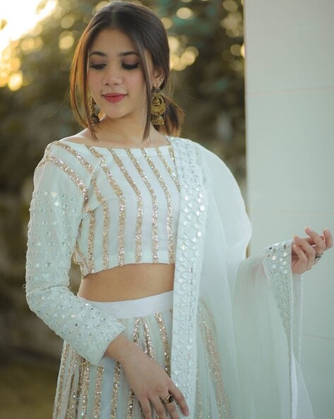 Lehenga Choli : White georgette ruffle lehenga with embroidered ...