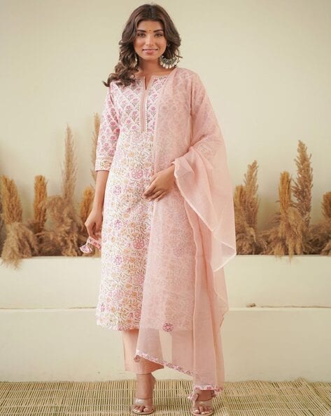 Women Floral Print Straight Kurta with Pants & Dupatta Set Price in India