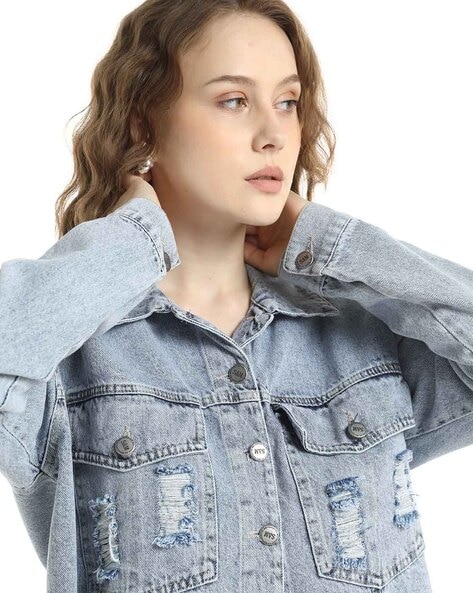 Buy LifeShe Women's Basic Long Sleeve Button Down Distressed Denim Jackets  Jean Jacket Coat, Light Blue, Medium at Amazon.in