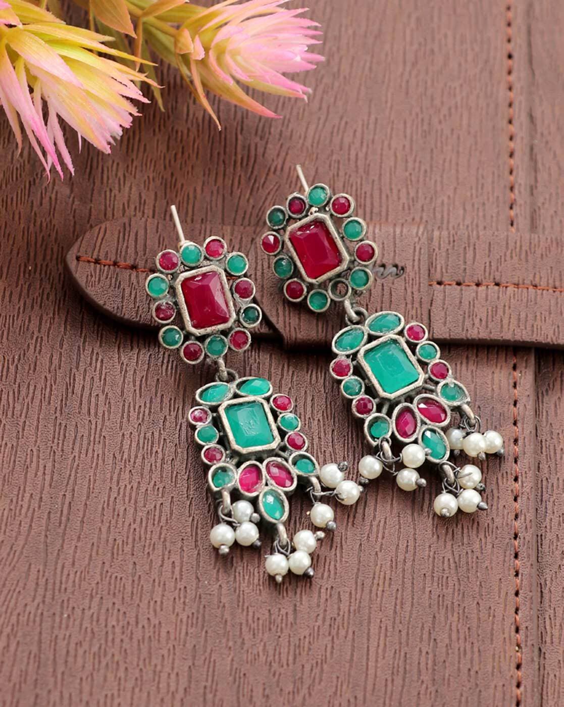 Red & Green Glass Stones Gold Plated White Beads Embellished Earrings – A  Local Tribe