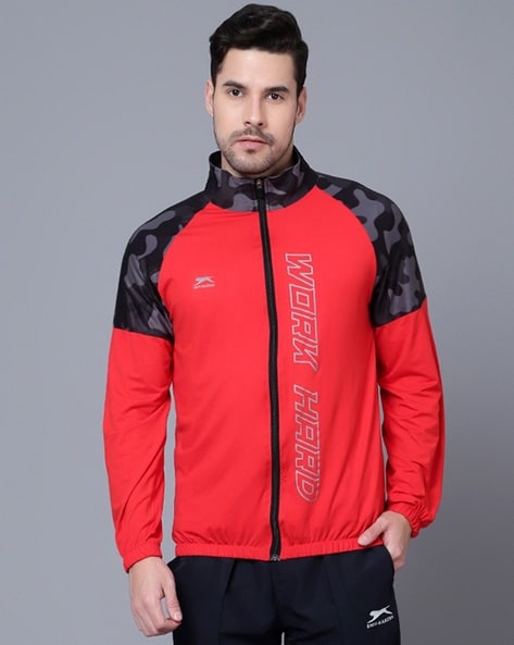 Men Regular Fit Logo Print Jacket with Zip Front Closure