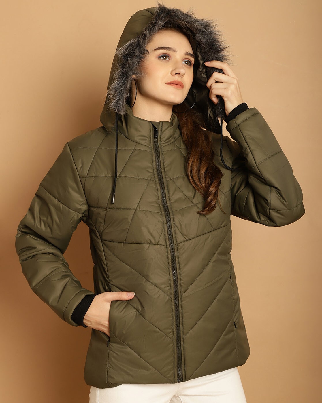 Buy FRATINI Olive Solid Regular Neck Polyester Womens Winter Wear Jacket |  Shoppers Stop