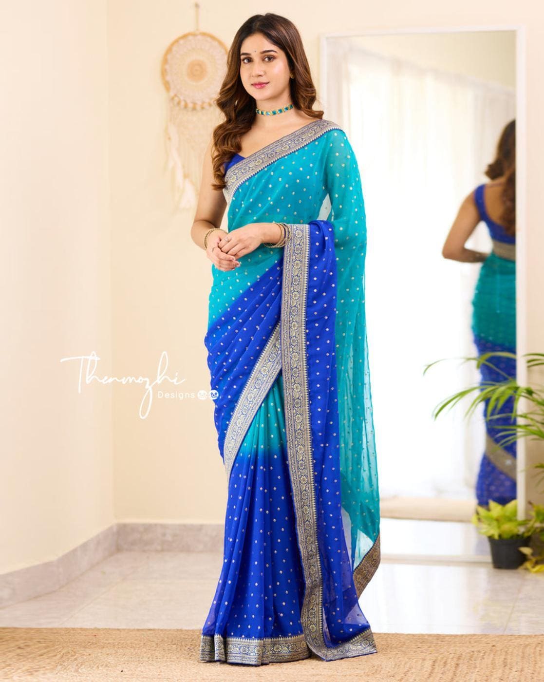 Buy Blue Blouse- Georgette Embroidery Pearls Leaf Pleated Border Saree Set  For Women by Seema Thukral Online at Aza Fashions.